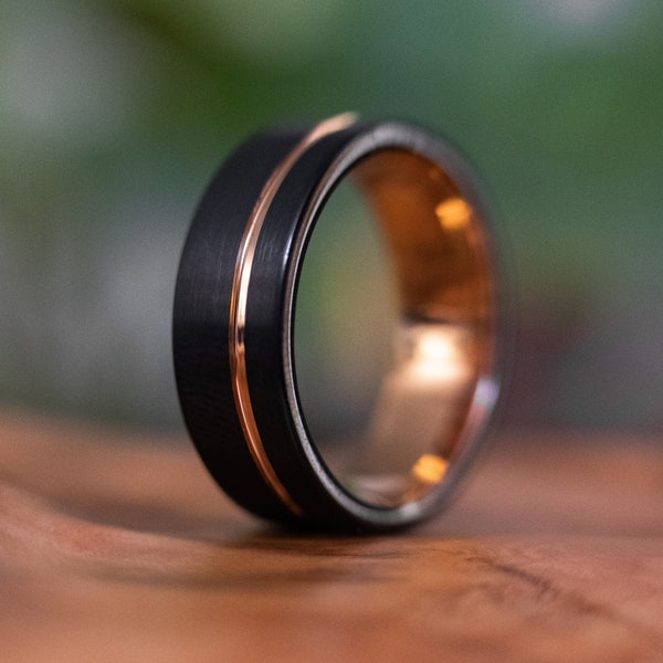 Tungsten 8mm Ring Black with Rose Gold Accent, Brushed Finish, Mens Ring, Mens Wedding Band