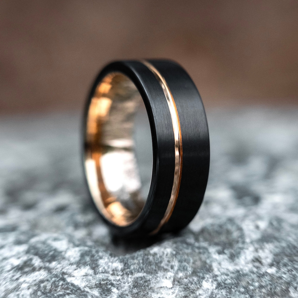 Tungsten Ring 8mm Brushed Black with Rose Gold Stripe image 1