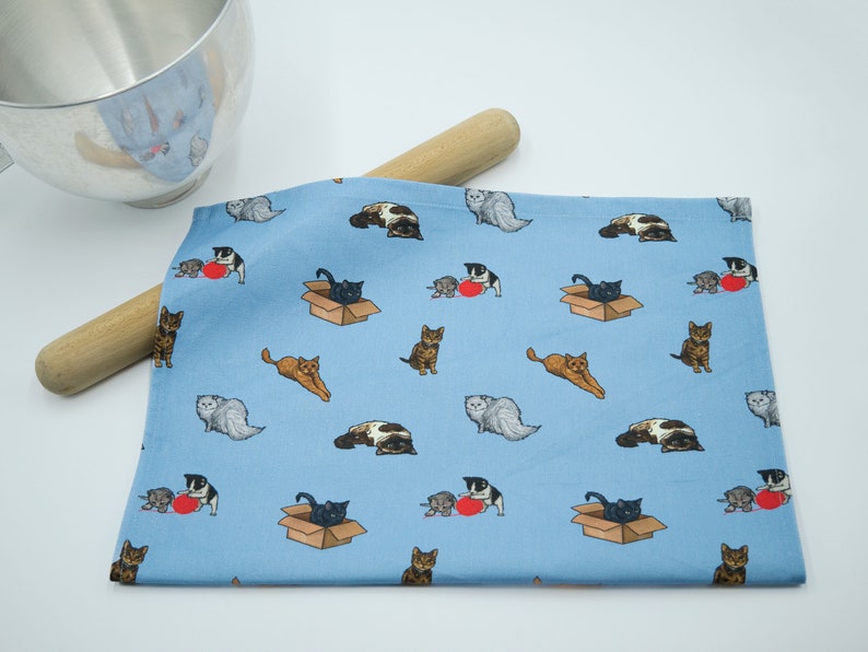 Tea towels in Sew Like Sarah original Cat design available in Blue and Yellow image 2