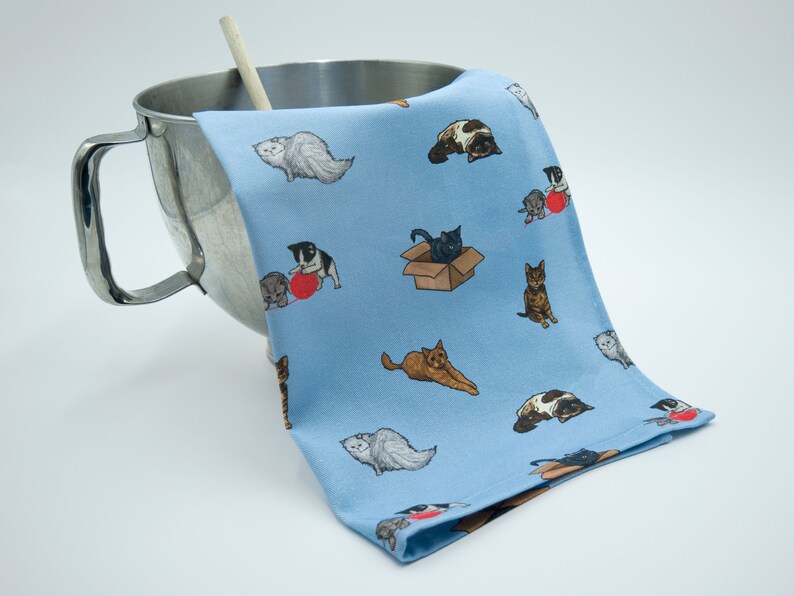 Tea towels in Sew Like Sarah original Cat design available in Blue and Yellow Blue