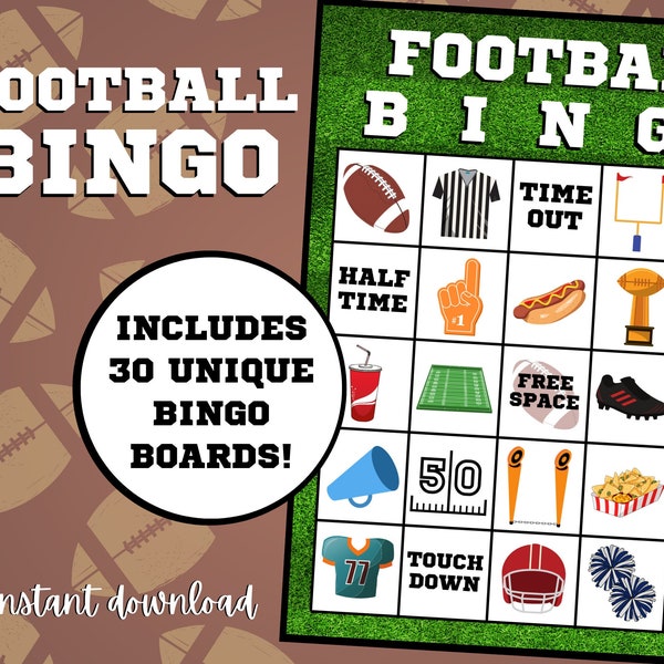 Football Bingo | American Football Bingo | Super Bowl Bingo | Sports Bingo | Instant Download | Set of 30 Cards | Football Party