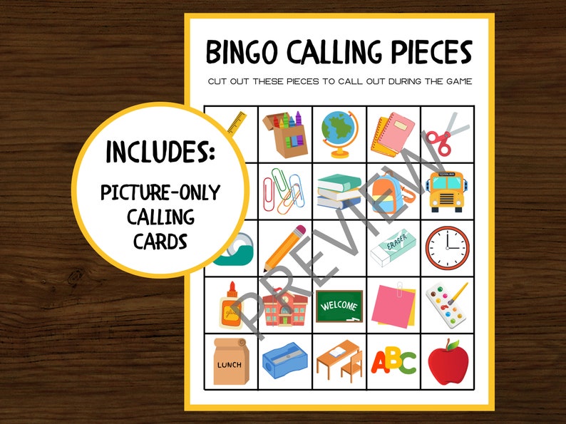May include: A printable bingo card with a yellow border and a title that reads "Bingo Calling Pieces". The card is divided into a 5x5 grid with images of school supplies in each square. The images include a ruler, crayons, a globe, a notebook, scissors, paper clips, books, a backpack, a school bus, an eraser, a clock, glue, a schoolhouse, a welcome sign, a pink sticky note, a paint palette, a lunch bag, a pencil sharpener, a desk and chair, ABC blocks, and an apple.