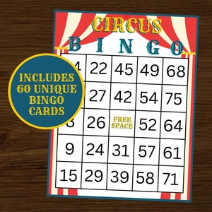 Circus Bingo | Circus Party | Circus Birthday | Circus Carnival Bingo | Circus Printable Bingo | Instant Download | Set of 60 Cards