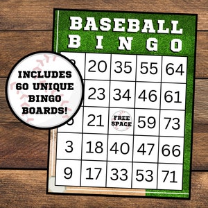 May include: A printable baseball bingo card with a green and white background. The card has a free space in the center and numbers 3, 9, 17, 18, 20, 21, 23, 33, 34, 35, 40, 46, 47, 53, 55, 59, 61, 64, 66, 71, and 73. The text "BASEBALL BINGO" is at the top of the card. A separate image shows a baseball with the text "INCLUDES 60 UNIQUE BINGO BOARDS!"