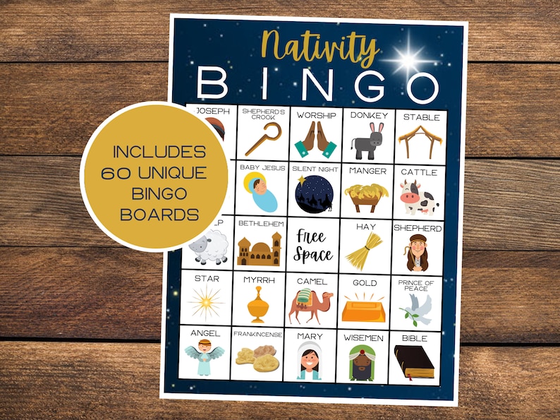 May include: A blue and gold Nativity Bingo game card with images of a shepherd's crook, a donkey, a manger, a star, a camel, and a Bible. The card includes the text "Nativity Bingo" and "Includes 60 Unique Bingo Boards".
