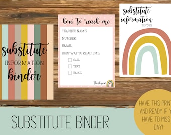 Substitute Binder | Teacher Substitute | Sub Teacher Binder | Digital Download | Instant Download | Rainbow Substitute Binder