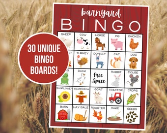 May include: A red and white bingo card with a barnyard theme. The card features images of farm animals, including a sheep, cow, horse, pig, chicken, turkey, donkey, cat, dog, duck, rabbit, mouse, goat, tractor, crops, barn, hay bale, rooster, rake, and seeds. The card also includes the text "barnyard BINGO" and "Free Space".