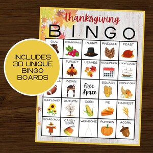 Thanksgiving Bingo | 30 Unique Boards | Thanksgiving Games | Digital Download | Fall Bingo | Fall Games