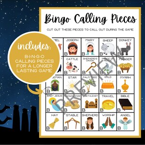 May include: A printable bingo card with images and words related to the Christmas story. The card includes images of a camel, a star, a manger, a shepherd, and more. The text on the card reads "Bingo Calling Pieces" and "Cut out these pieces to call out during the game".