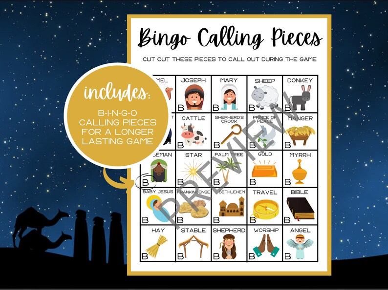 May include: A printable bingo card with images and words related to the Christmas story. The card includes images of a camel, a star, a manger, a shepherd, and more. The text on the card reads "Bingo Calling Pieces" and "Cut out these pieces to call out during the game".