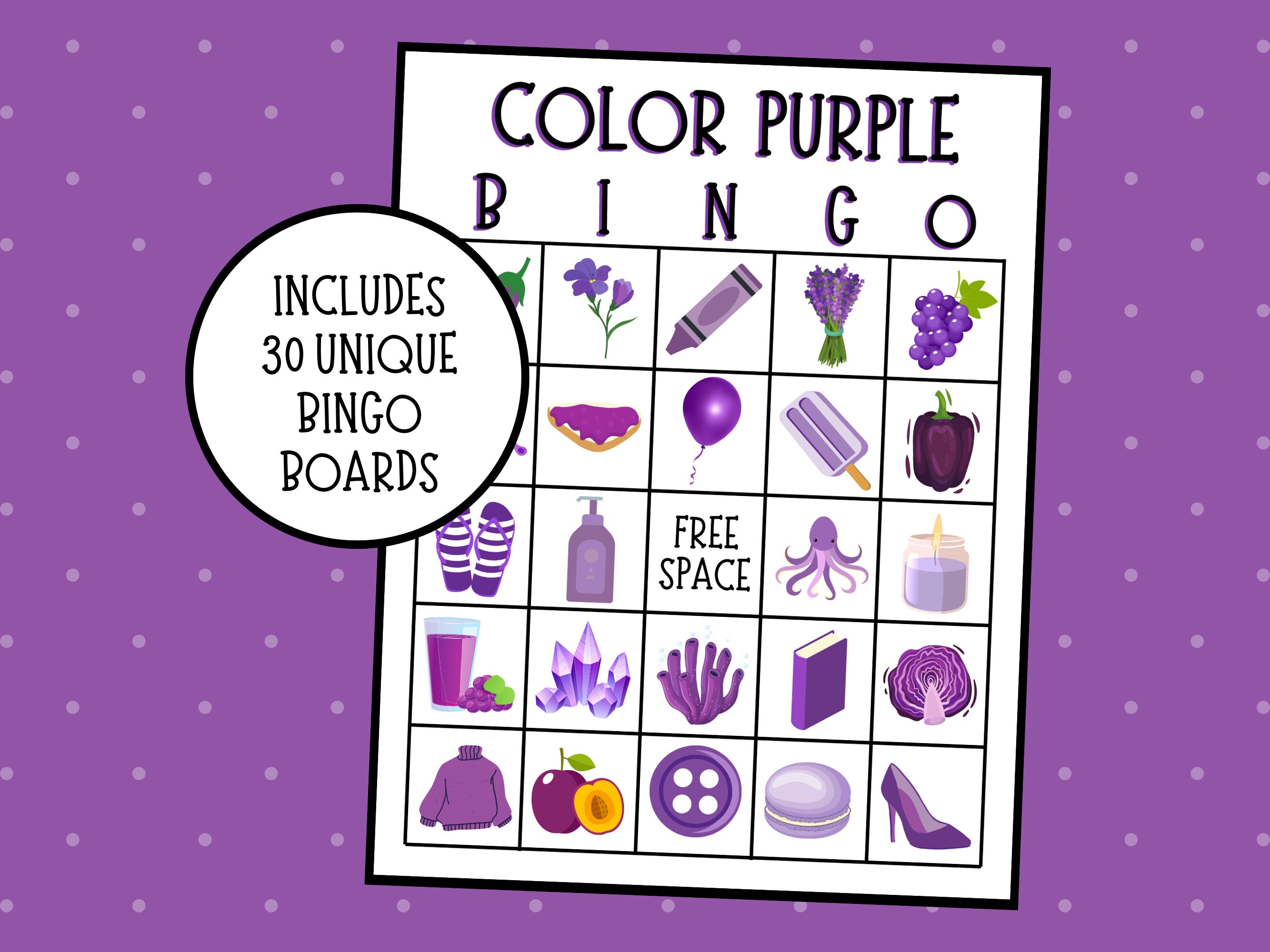 Purple Bingo | Color Purple Bingo | Colors Bingo | Learning Colors Game | Back to School Bingo | Instant Download | Pack of 30