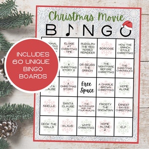 Bingo de filmes de Natal | Cartões de Bingo de Natal | Bingo clássico de filme de Natal | Bingo de Natal | Download digital | 60 tabuleiros de bingo exclusivos