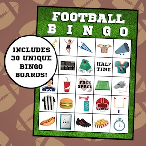 Bingo de Fútbol / Bingo de Fútbol Americano / Bingo Deportivo / Descarga Instantánea / Juego de 30 Cartas / Fiesta de Fútbol