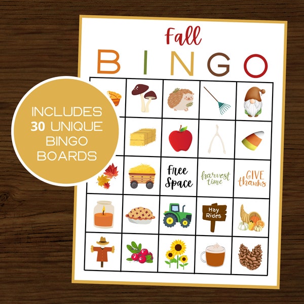 Fall Bingo | Autumn Bingo | Harvest Bingo | Fall Printable PDF Bingo | Fall Games | Autumn Games | Fall Party | Halloween Bingo | Set of 30