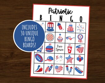 Patriotic Bingo Game | 30 Unique 4th of July Cards (Instant Download)