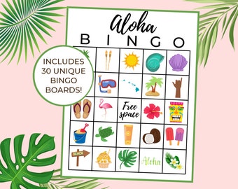 Aloha Bingo | Luau Bingo | Luau Partyspel | Luau Födelsedag | Hawaiiansk Födelsedag | Hawaiiansk Bingo | Direkt Nedladdning | Paket med 30 Kort