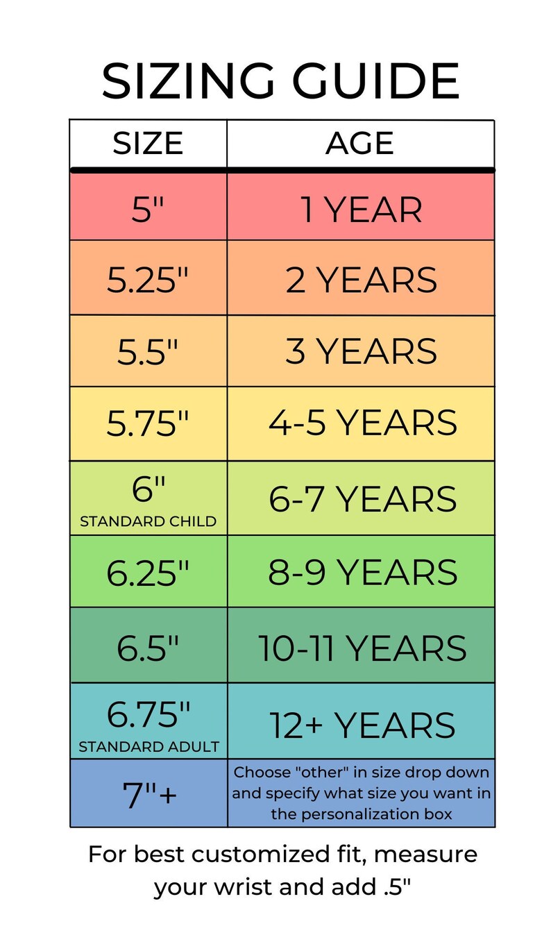 May include: A sizing guide chart with a white background and colorful blocks. The chart lists sizes from 5" to 7"+ and corresponding ages from 1 year to 12+ years. Includes text: "For best customized fit, measure your wrist and add .5".