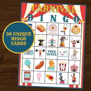 Carnival Bingo | Carnival Party | Carnival Birthday | Circus Carnival Bingo | Carnival Printable Bingo | Instant Download | Set of 30 Cards