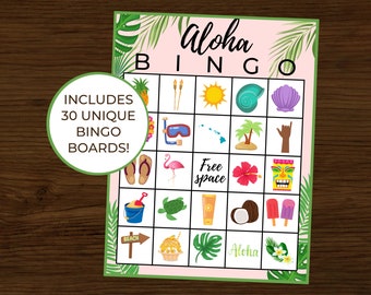 Bingo Aloha | Luau Bingo | Jeux de société Luau | Anniversaire Luau | Anniversaire hawaïen | Bingo hawaïen | Téléchargement instantané | Paquet de 30 cartes