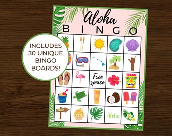 Aloha Bingo | Luau Bingo | Luau Partyspel | Luau Födelsedag | Hawaiiansk Födelsedag | Hawaiiansk Bingo | Direkt Nedladdning | Paket med 30 Kort