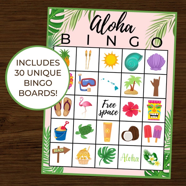 Aloha Bingo | Luau Bingo | Luau Party Games | Luau Birthday | Hawaiian Birthday | Hawaiian Bingo | Instant Download | Pack of 30 Cards