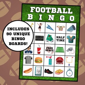 Bingo de fútbol, Bingo de fútbol americano, Bingo deportivo, Descarga instantánea, Juego de 90 cartones, Fiesta de fútbol