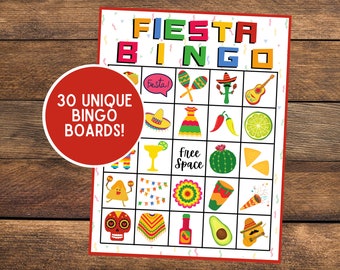 May include: A colorful Fiesta Bingo game card with 30 unique boards. The card features images of maracas, a sombrero, a cactus, a lime, a guitar, a piñata, a chili pepper, a margarita, a taco, a skull, a poncho, a hot sauce bottle, an avocado, and a party horn.
