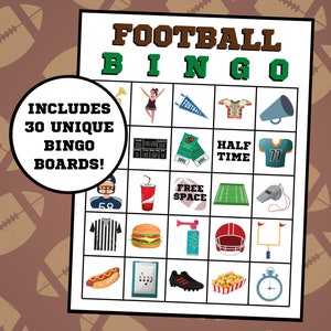 Bingo de fútbol, Bingo de fútbol americano, Bingo deportivo, Descarga instantánea, Juego de 30 cartones, Fiesta de fútbol