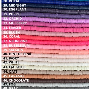 May include: A color chart displaying a variety of flat, round sequins in shades of blue, purple, pink, beige, and gray. Each color is labeled with a number and a name, such as "Cerulean," "Royal," and "Black."