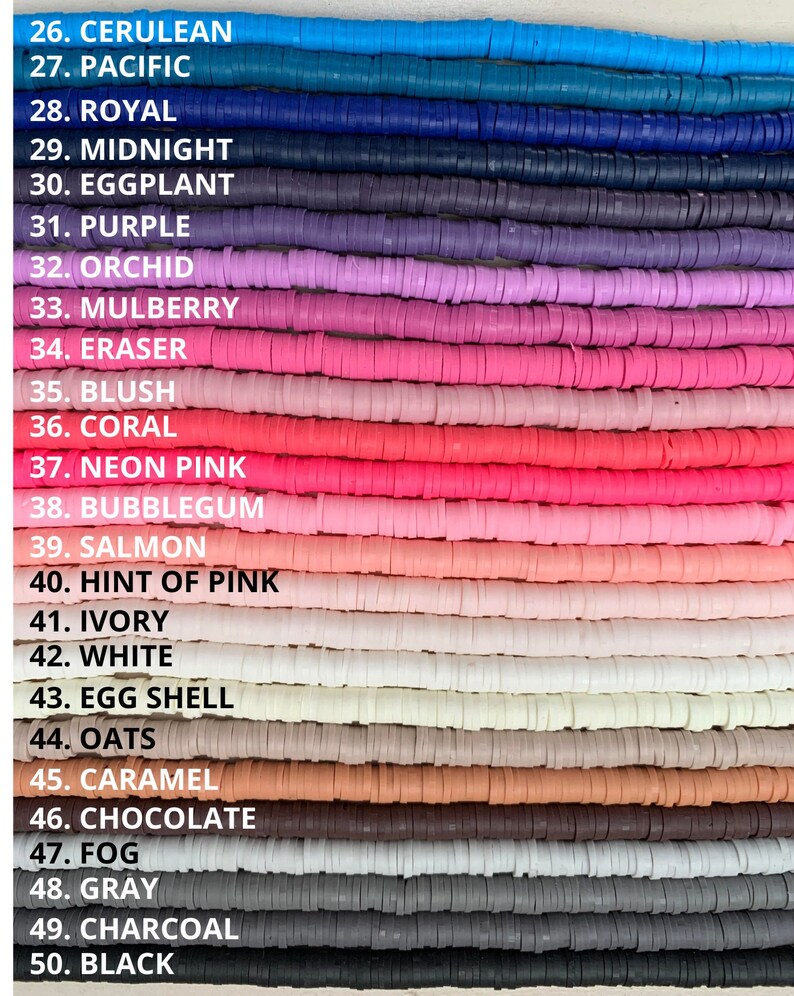 May include: A color chart displaying a variety of flat, round sequins in shades of blue, purple, pink, beige, and gray. Each color is labeled with a number and a name, such as "Cerulean," "Royal," and "Black."