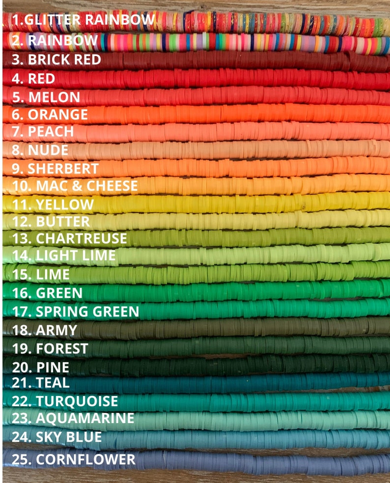 May include: A color palette of flat disc beads in a variety of colors, including red, orange, yellow, green, and blue. The image is labeled with the names of the colors, such as "Glitter Rainbow," "Brick Red," and "Sky Blue."