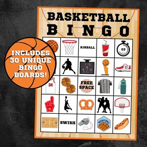 Bingo de basket-ball | Soirée de basket-ball | Fête d'anniversaire de basket-ball | Bingo sportif | Téléchargement instantané | Lot de 30 cartes