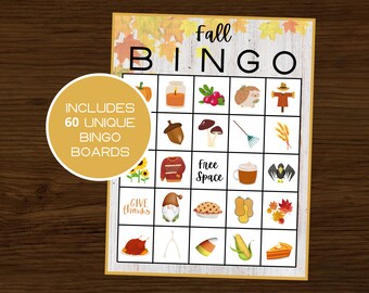 Fall Bingo | Autumn Bingo | Harvest Bingo | Fall Printable PDF Bingo | Fall Games | Autumn Games | Fall Party | Halloween Bingo | Set of 60