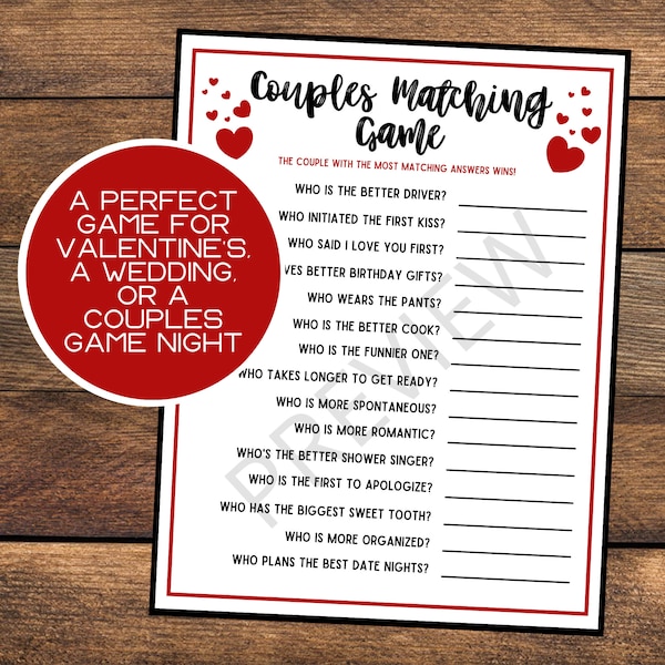 Couples Matching Game | Valentine's Couple Game |  Romantic Game | Instant Download | Wedding Game | Bridal Shower Game | Anniversary Game