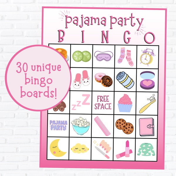 Pajama Party Bingo | Sleepover Bingo | Slumber Party Bingo | Birthday Bingo | Instant Download | Set of 30 Cards | Kids Bingo