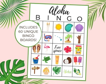 Aloha Bingo | Luau Bingo | Luau Partyspel | Luau Födelsedag | Hawaiiansk Födelsedag | Hawaiiansk Bingo | Direkt Nedladdning | Paket med 60 Kort