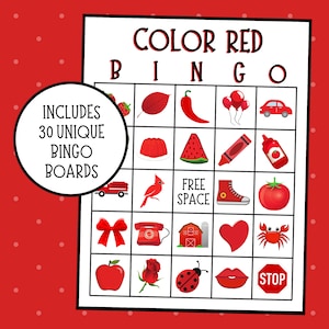 Rode bingo | Kleur Rood Bingo | Kleurenbingo | Kleuren leren spel | Terug naar schoolbingo | Direct downloaden | Pak van 30