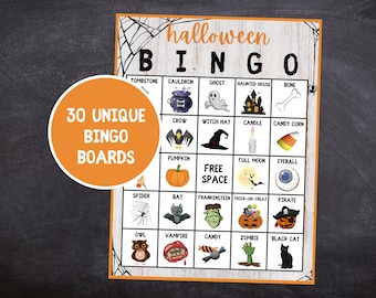 May include: A printable Halloween bingo card with 30 unique boards. The card features images of traditional Halloween icons like a witch hat, pumpkin, ghost, and spider. The text "halloween BING0" is at the top of the card.