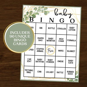 Baby Shower Bingo | Baby Shower Games | Instant Download | Printable Baby Shower Bingo | Set of 90 | Greenery Baby Bingo | Baby Bingo Games