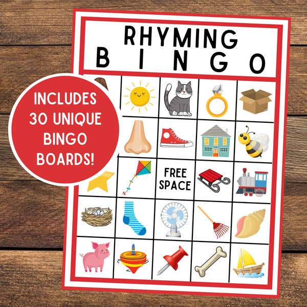 Rhyming Bingo | Rhymes Bingo | Rhyme Bingo | Rhyming Printables | Rhyming Game | Instant Download | Set of 30 Cards