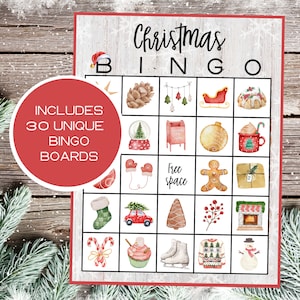 Bingo de Noël | Noël imprimable | Jeux de fête de Noël | Fête de Noël | Ensemble de 30 planches | Téléchargement numérique | Bingo de décembre