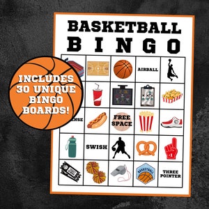 Bingo de basket-ball | Soirée de basket-ball | Fête d'anniversaire de basket-ball | Bingo sportif | Téléchargement instantané | Lot de 30 cartes