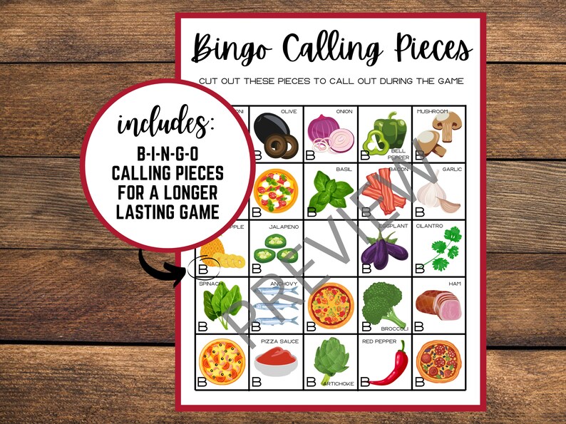 Op de afbeelding: Een printbare bingokaart met afbeeldingen van pizzatoppings. De kaart bevat de woorden "Bingo Calling Pieces" en "B-I-N-G-O Calling Pieces for a Longer Lasting Game".