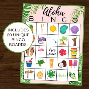 Aloha Bingo | Luau Bingo | Luau Party Games | Luau Birthday | Hawaiian Birthday | Hawaiian Bingo | Instant Download | Pack of 60 Cards