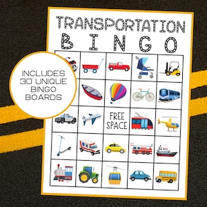 Bingo de transporte / Bingo de coches / Bingo de trenes / Juego de transporte / Descarga instantánea / Conjunto de 30 cartas