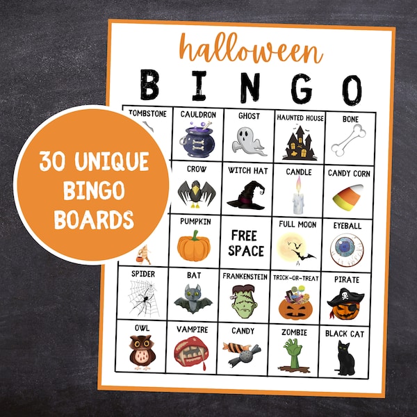 Halloween Bingo | 30 Unique Boards | Halloween Games | Digital Download | Holiday Bingo | Bingo Cards | October Bingo