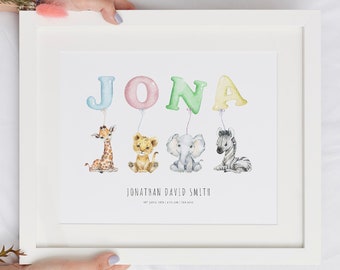 Personalised Nursery Print, New Baby Gift, Nursery Decor, Animal Safari Name Print, Balloon Print, Christening Gift, Baby Shower Art, CP