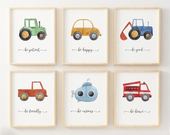 Personalised Vehicle Nursery Prints, Construction Baby Boy Room Decor, Kids Gallery Wall Art, Truck Posters, Watercolor Transportation Set