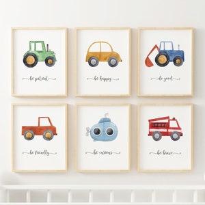 Stampe personalizzate per la scuola materna del veicolo, decorazioni per la camera del bambino della costruzione, arte della parete della galleria per bambini, poster di camion, set di trasporto dell'acquerello immagine 1