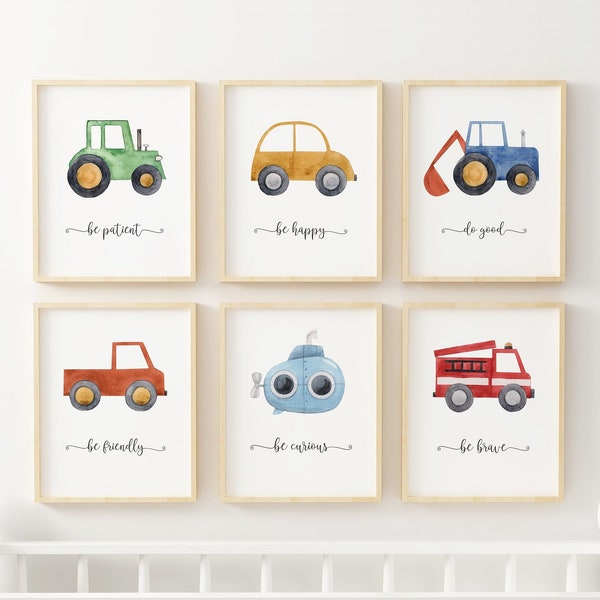 Personalisierte Fahrzeug-Kinderzimmer-Drucke, Bau-Baby-Jungen-Raum-Dekor, Kindergalerie-Wandkunst, LKW-Poster, Aquarell-Transport-Set